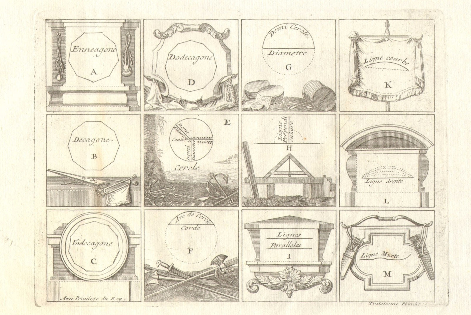 'Troisiesme Planche'. Geometric shapes and polygons. DE FER 1705 old print